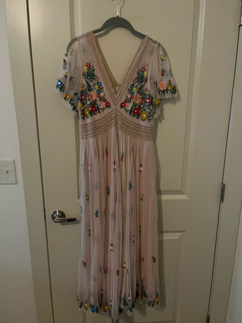 Embroidered cottagecore fairy wedding guest pink dress mesh frock and frill 12